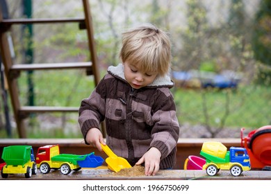 Toddler Child, Boy, Playing In Sandpit In Backyard In Garden