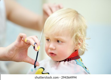 Toddler child getting his first haircut
