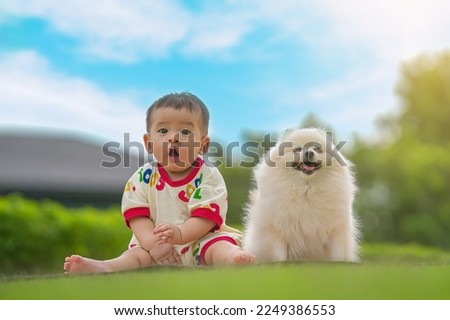Toddler and Dog, The Happy child with the dog sitting together on the mat in the garden. Baby boy having fun with the dog, Have a friendship with the animal. 