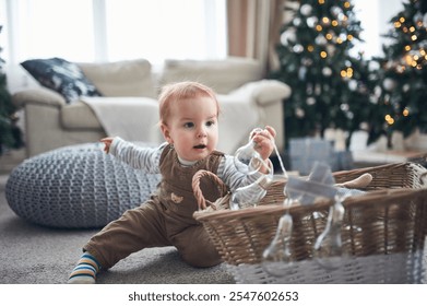 Toddler explores holiday decorations in cozy living room filled with festive spirit - Powered by Shutterstock