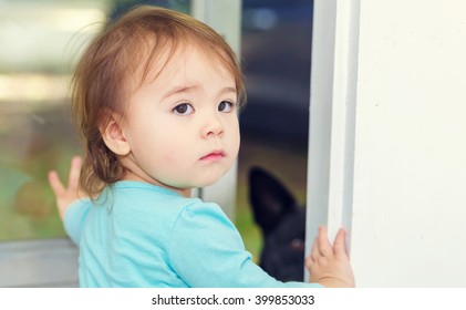 Toddler Girl Opening The Door For Her Dog