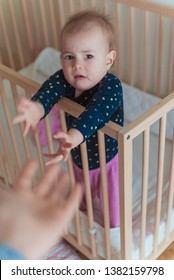 A Toddler Girl Is Reaching Her Hands Out To Her Mother While Standing In Her Baby Bed. Child Is Waking Up. Toddler Nightmares Issue.