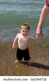 A Toddler Holds Tightly To Dad's Hand. He Is Not So Sure About Playing In This Great Big Lake!