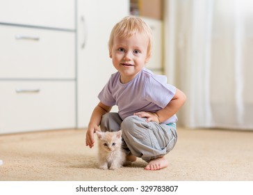 Toddler kid boy plays with kitten in children room