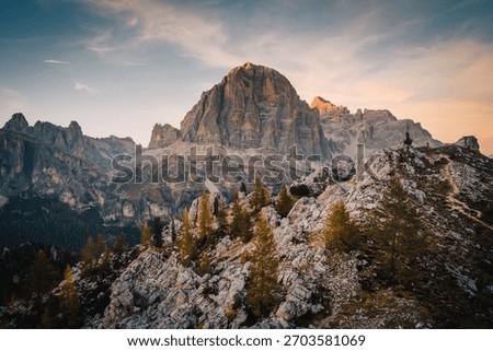 Tofane mountain group during sunset. Dolomites.  Cortina d'Ampezzo, Veneto, Italy.