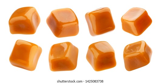 Toffee candy, caramel candies isolated on white background with clipping path, collection
