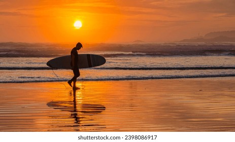 Tofino Beach Vancouver Island Pacific rim coast during sunset, surfers with surfboard during sunset at the beach of Tofino, surfers silhouette Canada Vancouver Island Tofino Long beach - Powered by Shutterstock