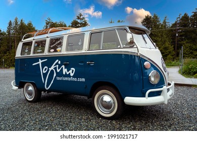 TOFINO, CANADA - Jun 10, 2021: Tourism Tofino VW bus, Tofino, Vancouver Island, BC Canada