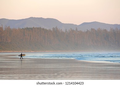 Tofino, Canada - October 12, 2018: A surfer carries his board in Tofino. The small town on Canada's west coast is a popular spot for surfers and nature enthusiasts from around the world.