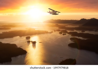 Tofino, Vancouver Island, British Columbia, Canada. Colorful Sunset Sky Art Render. Aerial view from an airplane in the summer. Adventure Travel Composite with Seaplane Flying over the ocean.