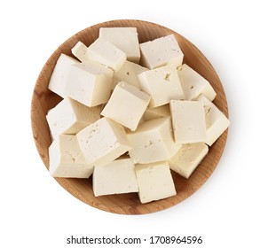 tofu cheese in wooden bowl isolated on white background with clipping path and full depth of field, Top view. Flat lay