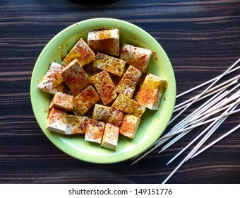 Tofu Marinade In Green Plate For Skewers 