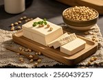 Tofu on wooden tray. Slices of tofu on tray and soybeans in bowl set on grey table