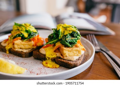 Tofu Sandwich With Salon And Spinach. Healthy Breakfast