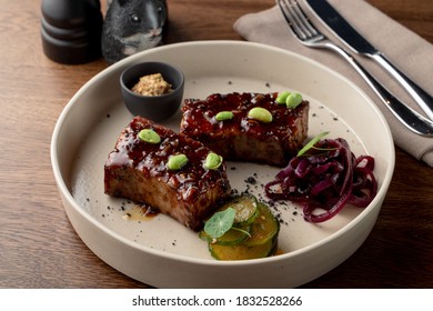 Tofu Steak, Marinated In Teriyaki Sauce And Served With Edamame Beans, Gourmet Meal In A Fancy Restaurant, Top View