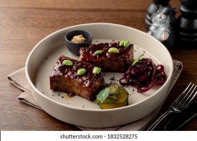 Tofu Steak, Marinated In Teriyaki Sauce And Served With Edamame Beans, Gourmet Meal In A Fancy Restaurant, Top View