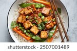 Tofu Stir Fry: A healthy, colorful dish of stir-fried tofu and mixed veggies, seasoned with soy sauce, ginger, and garlic, served over rice.

