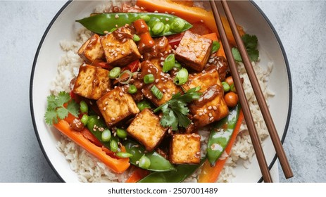 Tofu Stir Fry: A healthy, colorful dish of stir-fried tofu and mixed veggies, seasoned with soy sauce, ginger, and garlic, served over rice.

 - Powered by Shutterstock