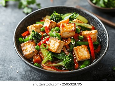 Tofu stir-fry with mixed vegetables arranged in a bowl, showcasing vibrant colors and textures, high-quality food photography from a top-down view. - Powered by Shutterstock