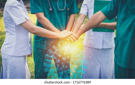 together collaborate of hands doctor green cloth and nurse white cloth teamwork to fight corona virus outdoor garden showing. Anti covid-19  health and medical 3d render concept