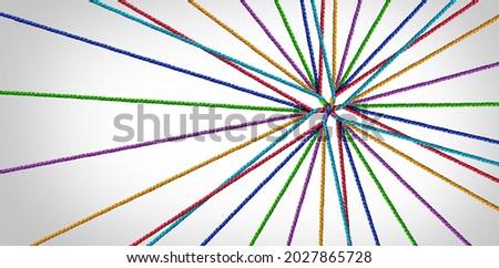 Together unity concept and connecting as a teamwork idea and business trust metaphor for joining a partnership of diversity as diverse ropes connected for cooperation and working collaboration.