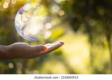 Together we can save the world and offer the better world for our children and Earth day concept, Butterfly and love heart shaped earth on hands, Elements of this image furnished by NASA - Shutterstock ID 2143045913