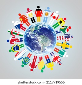 Together we make a difference. A globe with Representations of world cultures and nationalities standing around it.