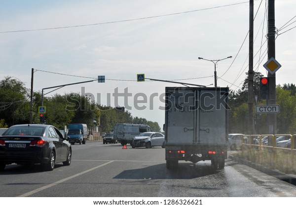 Togliatti, Russia -\
14 september 2018. Traffic accident at pedestrian crossings. View\
from a passing car.