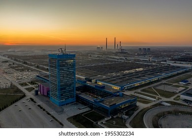 Togliatti, Russia. April 13, 2021. AvtoVAZ Headquarters After Sunset, View From A Quadrocopter