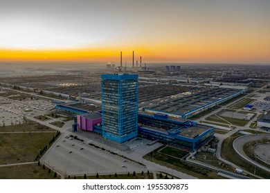 Togliatti, Russia. April 13, 2021. AvtoVAZ Headquarters After Sunset, View From A Quadrocopter