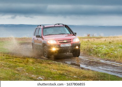 Togliatti, Samara region / RUSSIA - November 09, 2019: SUV Chevrolet NIVA in extreme driving conditions. Testing off-road vehicle LADA NIVA. VAZ-2123. GM exits GM-AVTOVAZ joint venture