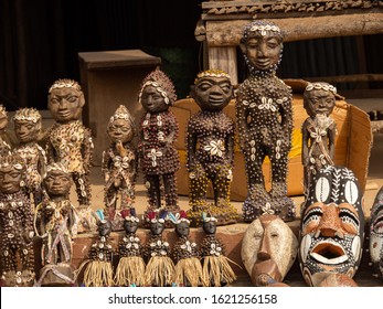 Togo, Africa. - 29/12/2019. Akodessewa Voodoo Fetish Market - Voodoo Dolls Of Different Size And Type Sold By Local People.  Colorful Masks.