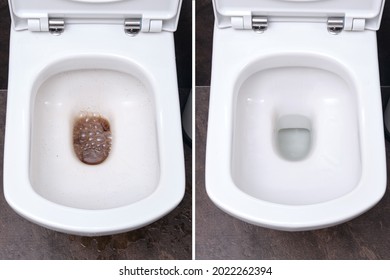 Toilet in the bathroom before and after cleaning the blockage, dirty and clean toilet bowl