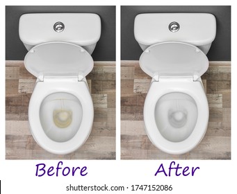 Toilet bowl before and after cleaning indoors, top view