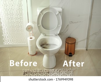 Toilet bowl before and after cleaning in bathroom