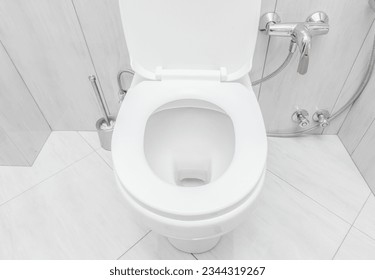 toilet bowl at domestic bathroom.