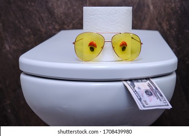 Toilet bowl with eyes in the form of toilet paper eating money in us dollars, funny concept