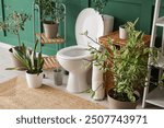 Toilet bowl, laundry basket and houseplants in restroom