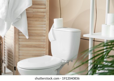 Toilet bowl and rolls of paper in restroom - Shutterstock ID 1912040836