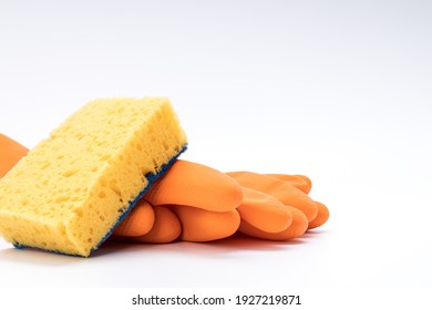 Toilet Cleaning Concept. Rubber Gloves, Cleaning Sponge And Wc Gel Freshener Applicator On White Background.