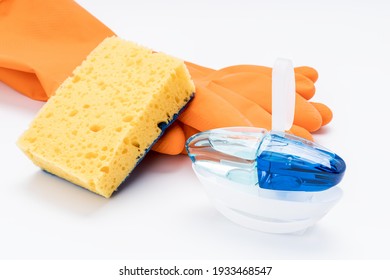 Toilet Cleaning Concept. Rubber Gloves, Cleaning Sponge And Wc Gel Freshener Applicator On White Background.