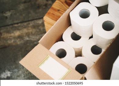 Toilet Paper In Carton Craft Box In Plastic Free Store. Sustainable Personal Hygiene Items, Toiletries Products In Zero Waste Shop. Minimalist Lifestyle