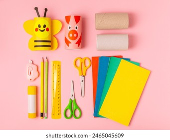 Toilet paper crafts on a colored background. Kids crafts made with toilet paper roll. DIY. Handmade. Paper toys. Origami animals. Concept of children's educational games. Place for text. Copy space. - Powered by Shutterstock