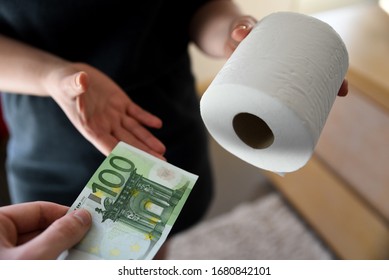 Toilet Paper Hoarding, Man Handing Over Money In Exchange For Toilet Paper