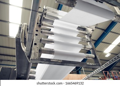 A toilet paper making machine producing toilet and bathroom paper rolls. Paper and tissue manufacturers factory and engineered machinery. Mass produced bathroom products. - Shutterstock ID 1665469132