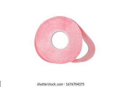 Toilet Paper On White Background Isolated Close Up, One Pink Soft Bog Roll, Paper Tissues, Design Element, Studio Shot