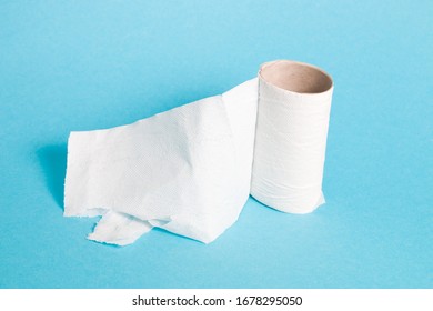 toilet paper is over, sleeve from a roll of white paper, blue background copy space, 2019-2020
