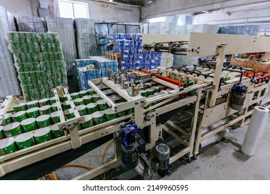 Toilet Paper Production Line. Rolls Of Toilet Paper On Conveyor.