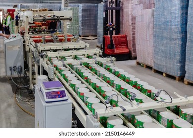Toilet Paper Production Line. Rolls Of Toilet Paper On Conveyor.