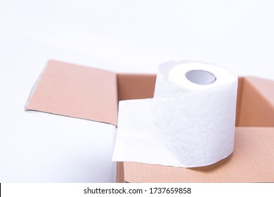 Toilet Paper Rolls. Everyday Objects In Copy Space. Shortage Of Raw Materials During Period Of Coronavirus. A Popular Product On Market. Delivery Of Goods For House